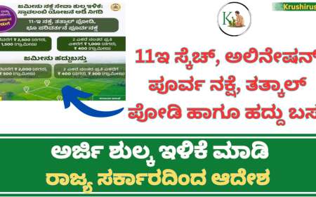 Revenue department application rate list reduced-11ಇ ಸ್ಕೆಚ್, ಅಲಿನೇಷನ್ ಪೂರ್ವ ನಕ್ಷೆ, ತತ್ಕಾಲ್ ಪೋಡಿ ಹಾಗೂ ಹದ್ದು ಬಸ್ತು ಅರ್ಜಿ ಶುಲ್ಕ ಇಳಿಕೆ ಮಾಡಿ ರಾಜ್ಯ ಸರ್ಕಾರದಿಂದ ಆದೇಶ
