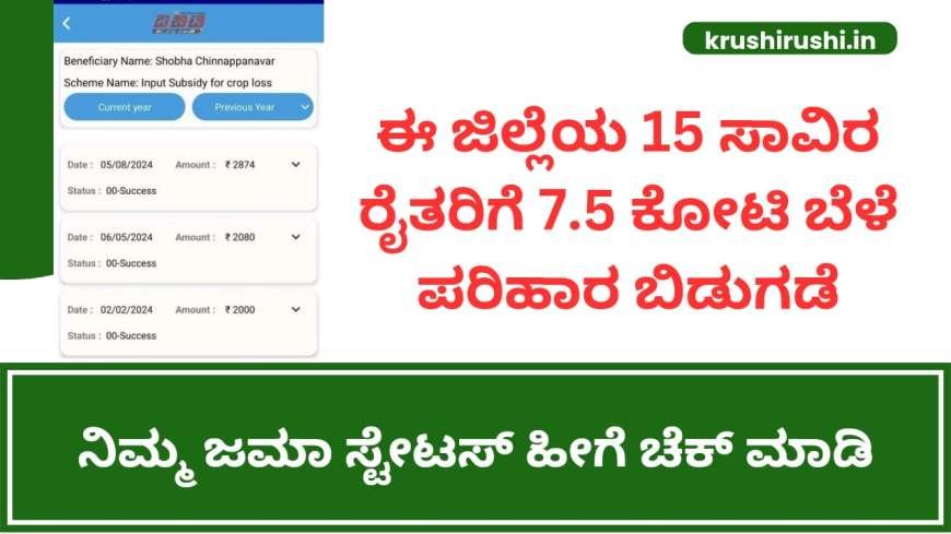 ಈ ಜಿಲ್ಲೆಯ 15 ಸಾವಿರ ರೈತರಿಗೆ 7.5 ಕೋಟಿ ಬೆಳೆ ಪರಿಹಾರ ಬಿಡುಗಡೆ,ನಿಮ್ಮ ಜಮಾ ಸ್ಟೇಟಸ್ ಹೀಗೆ ಚೆಕ್ ಮಾಡಿ-Input subsidy for crop loss