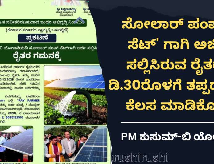 PM ಕುಸುಮ್-ಬಿ ಯೋಜನೆ : ಸೋಲಾರ್ ಪಂಪ್-ಸೆಟ್' ಗಾಗಿ ಅರ್ಜಿ ಸಲ್ಲಿಸಿರುವ ರೈತರೇ ಡಿ.30ರೊಳಗೆ ತಪ್ಪದೇ ಈ ಕೆಲಸ ಮಾಡಿಕೊಳ್ಳಿ